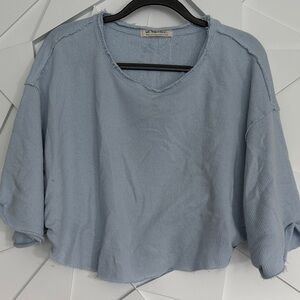 Free People Pale Blue Cropped Raw-Edge Short Sleeve Tee